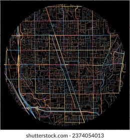 Map of Orem, Utah with all major and minor roads, railways and waterways. Colorful line art on black background.