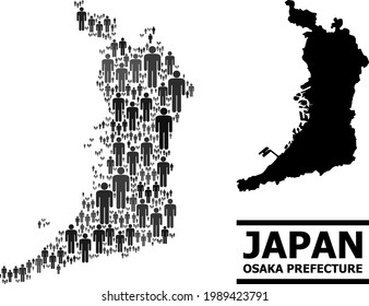Karte der Präfektur Osaka für nationale Anwendungen. Abstraktion von Vektorstaaten. Concept Karte von Osaka Präfektur erstellt von Typen-Symbole. Demografisches Konzept in dunkelgrauen Farbtönen.
