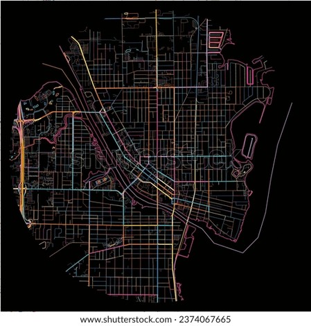 Map of Oshkosh, Wisconsin with all major and minor roads, railways and waterways. Colorful line art on black background.