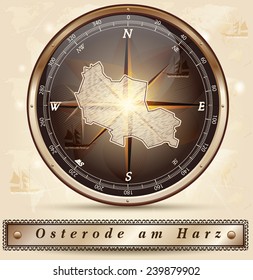 Map of Osterode-am-Harz with borders in bronze
