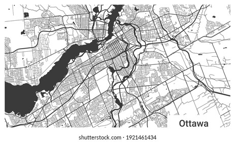 Map of Ottawa city, Ontario, Canada. Horizontal background map poster black and white land, streets and rivers. 1920 1080 proportions. Royalty free grayscale graphic vector illustration.