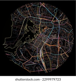 Map of Oulu with all major and minor roads, railways and waterways. Colorful line art on black background.