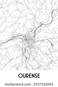 Map of Ourense, Spain, showcasing the city's layout and surrounding areas. The map features a network of roads and waterways, including a prominent river winding through the city center.