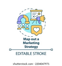 Map out marketing strategy concept icon. Advertising campaign. Planning small event abstract idea thin line illustration. Isolated outline drawing. Editable stroke. Arial, Myriad Pro-Bold fonts used