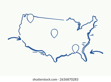 Map Outline with Blue Doodle Location Pins and Connection Lines