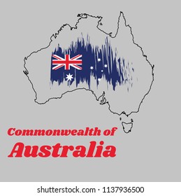 Map outline and brush style of Australia flag in blue red and white color with white star and Union Jack, name text of Commonwealth of Australia.