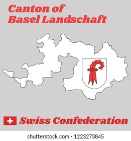 Map outline and Coat of arms of Basel-Landschaft, The canton of Switzerland with name text Canton of Basel Landschaft and Swiss Confederation.