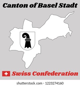 Map outline and Coat of arms of Basel-Stadt, The canton of Switzerland with name text Canton of Basel Stadt and Swiss Confederation.