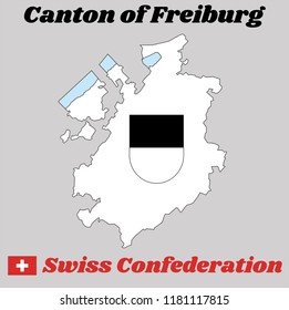 Map outline and Coat of arms of Freiburg, The canton of Switzerland with name text Canton of Freiburg and Swiss Confederation.