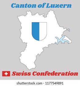 Map outline and Coat of arms of Lucerne, The canton of Switzerland with name text Canton of Luzern and Swiss Confederation.