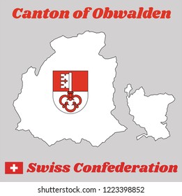 Map outline and Coat of arms of Obwalden, The canton of Switzerland with name text Canton of Obwalden and Swiss Confederation.