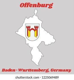 Map outline and Coat of arms of Offenburg, it is in Baden-Wurttemberg, Germany.