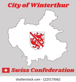 Map outline and Coat of arms of Winterthur, The city in the canton of Zurich in Switzerland with name text City of Winterthur and Swiss Confederation.