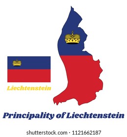 Map outline country shaped and flag of Liechtenstein, It is a horizontal bicolor of blue and red, charged with a gold crown in the canton with name text Principality of Liechtenstein.