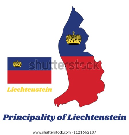 Map outline country shaped and flag of Liechtenstein, It is a horizontal bicolor of blue and red, charged with a gold crown in the canton with name text Principality of Liechtenstein.