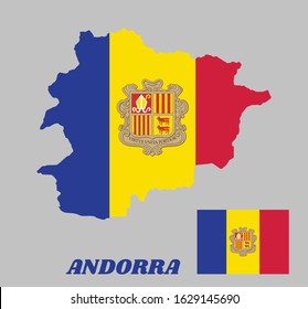 Map outline and flag of Andorra and the country name. A vertical tricolor of blue yellow and red with the National Coat of Arms on the center.