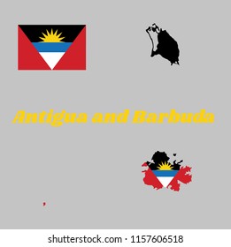 Map outline and flag of Antigua and Barbuda, A horizontal tricolor of black, blue and white, with two red triangles. On the black is a yellow half-sun. with name text Antigua and Barbuda.