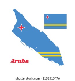 Map outline and flag of Aruba, a field of light blue and two narrow parallel horizontal yellow stripes in the bottom half, and a four pointed white and red star in the canton.