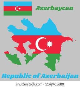 Map outline and flag of Azerbaijan, a horizontal tricolor of blue, red, and green, with a white crescent and an eight-pointed star centered on a red band. with name text Republic of Azerbaijan.