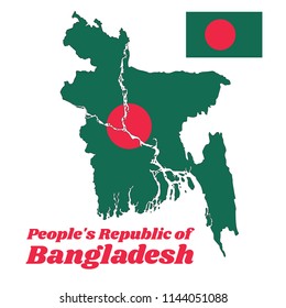 Map outline and flag of Bangladesh, a red disc on green field and name text People's Republic of Bangladesh.