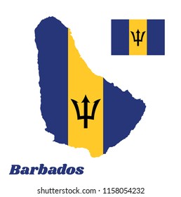 Map outline and flag of Barbados, A vertical triband of ultramarine (hoist-side and fly-side) and gold with the black trident-head centred on the gold band. with name text Barbados.