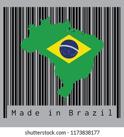 Map outline and flag of Brazil on the black barcode with grey background, text: Made in Brazil. concept of sale or business.