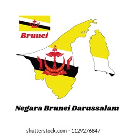 Map outline and flag of Brunei, a centered red crest on yellow field cut by black and white diagonal stripes, with name text of Negara Brunei Darussalam.