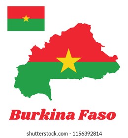 Map outline and flag of Burkina Faso, Two horizontal bands of red and green with the yellow five-pointed star in the center. with name text Burkina Faso.