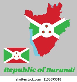 Map outline and flag of Burundi, A white diagonal cross divided into four panels of red and green and three star in the white disk in the center. with name text Republic of Burundi.