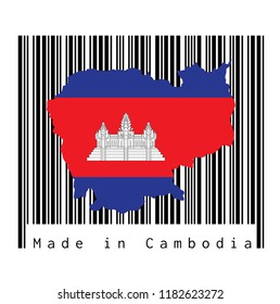 Map outline and flag of Cambodia on black barcode with white background, text: Made in Cambodia. concept of sale or business.