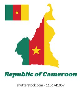 Map outline and flag of Cameroon, A vertical tricolor of green, red and yellow, with a gold star centered on the red band. with name text Republic of Cameroon.