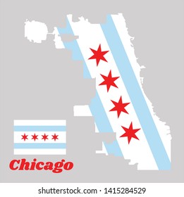 Map outline and flag of Chicago, the city of Chicago is the most populous city in Illinois, United States of America. with name text Chicago.