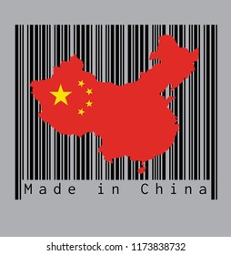 Map outline and flag of China, the the red and yellow color on the black barcode with grey background, text: Made in China. concept of sale or business.