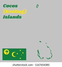Map outline and flag of Cocos (Keeling) Islands. Green, with a palm tree on a gold disc, a gold crescent in the centre and a gold southern cross in the fly. with name text Cocos (Keeling) Islands.