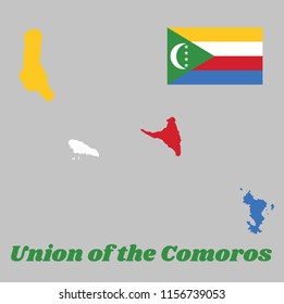 Map outline and flag of Comoros, Four horizontal stripes of yellow, white, red and blue with a green chevron with a white crescent and four stars. with name text Union of the Comoros.
