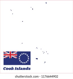 Map outline and flag of Cook Islands, Blue ensign with a ring of fifteen white stars in the fly. with name text Cook Islands.