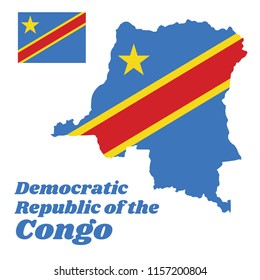 Map outline and flag of Dr Congo, Sky blue flag, adorned with a yellow star in the upper left canton and cut diagonally by a red stripe with a thin yellow frame. text Democratic Republic of the congo.
