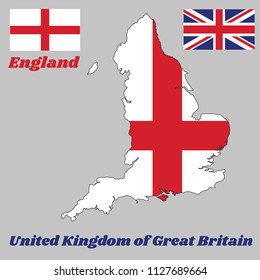 Map outline and flag of England, it is a red centred cross on a white background and union jack flag, with name text United Kingdom of Great Britain.