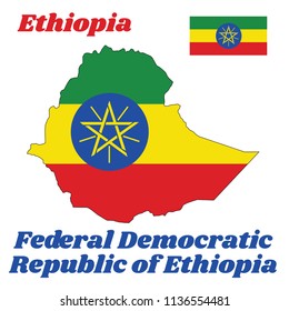 Map outline and flag of Ethiopia, a horizontal tricolor of green, yellow and red with the National Emblem superimposed at the center. with name text Federal Democratic Republic of Ethiopia.