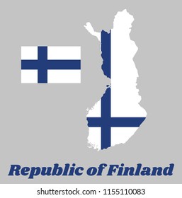 Map outline and flag of Finland, Sea blue Nordic cross on white field, with name text Republic of Finland.