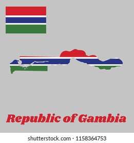 Map outline and flag of Gambia, A horizontal tricolor of red, blue and green; each band of colour is separated by a narrow band of white. with name text Republic of Gambia.