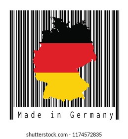 Map outline and flag of Germany, the black red and yellow color on the black barcode with white background, text: Made in Germany. concept of sale or business.