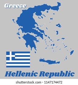 Map outline and flag of Greece, Nine horizontal stripes, in turn blue and white; a white cross on a blue square field in canton. with name text Greece and Hellenic Republic.