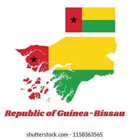 Map outline and flag of Guinea Bissau, One vertical red line on the hoist side charged with a black five-pointed star; two horizontal lines on the fly side. with name text Republic of Guinea Bissau.