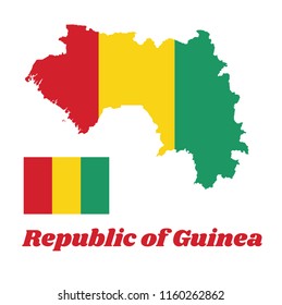 Map outline and flag of Guinea, A vertical tricolor of red, yellow and green. with name text Republic of Guinea.