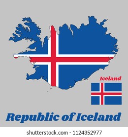 Map outline and flag of Iceland, it is blue as the sky with a snow-white cross, and a fiery-red cross inside the white cross, with name text Republic of Iceland.