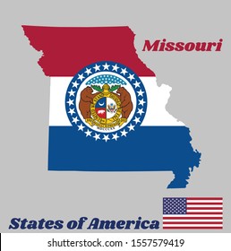 Map outline and flag of Illinois. red white and blue color. The Missouri Seal, surrounded by a blue band and stars, the states of America and USA flag.