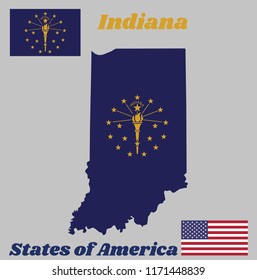 Map Outline And Flag Of Indiana, A Gold Torch Surrounded By An Outer Circle Of Thirteen Stars, An Inner Semi Circle Of Five Stars, Crowned By The Word 'Indiana'. With American Flag.