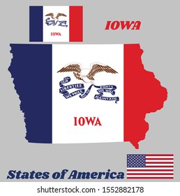 Map outline and flag of Iowa, the states of America and the flag of USA.