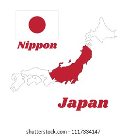 Map outline and flag of Japan in red circle on white with name text of Nippon and japan.